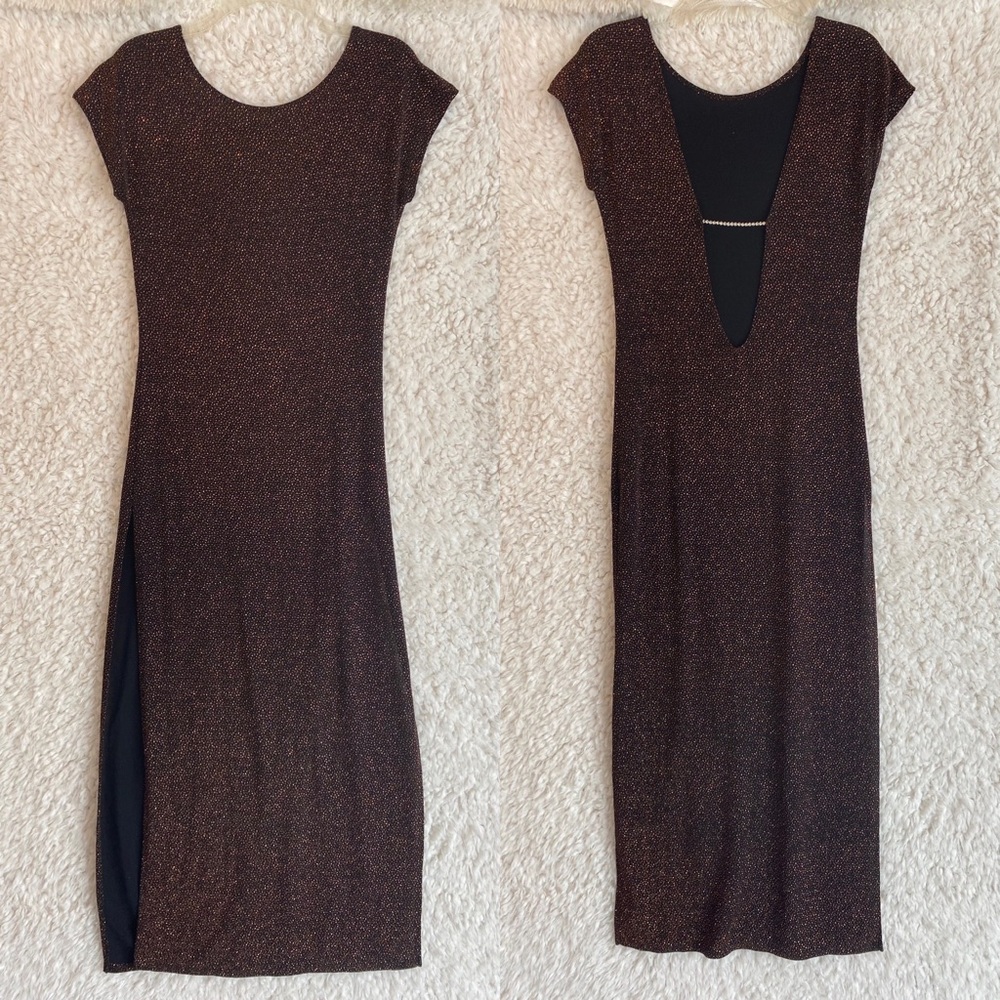 Sparkly bronze high slit rhinestone accent vintage dress